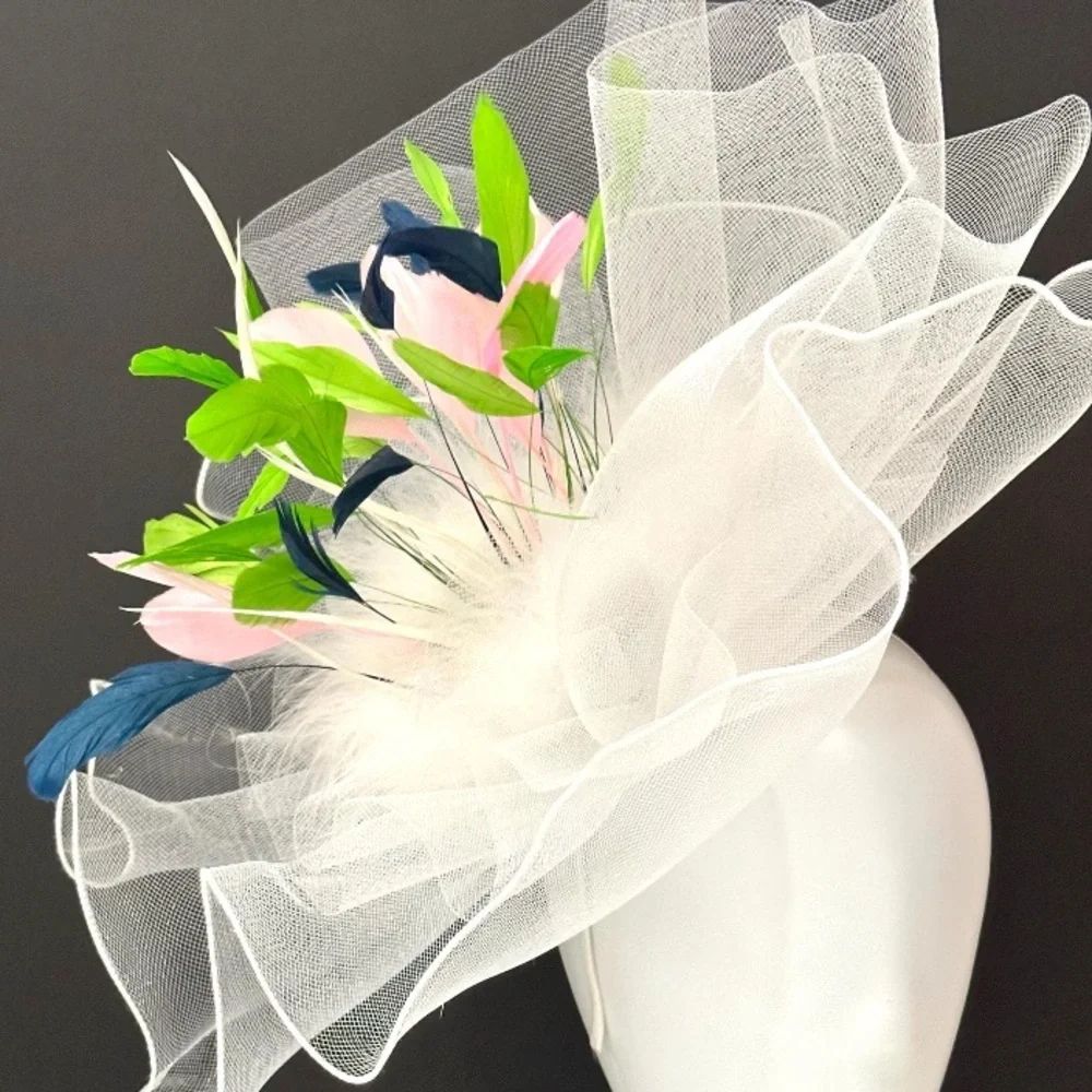 Elegant White Fascinator with Pink and Blue Accents